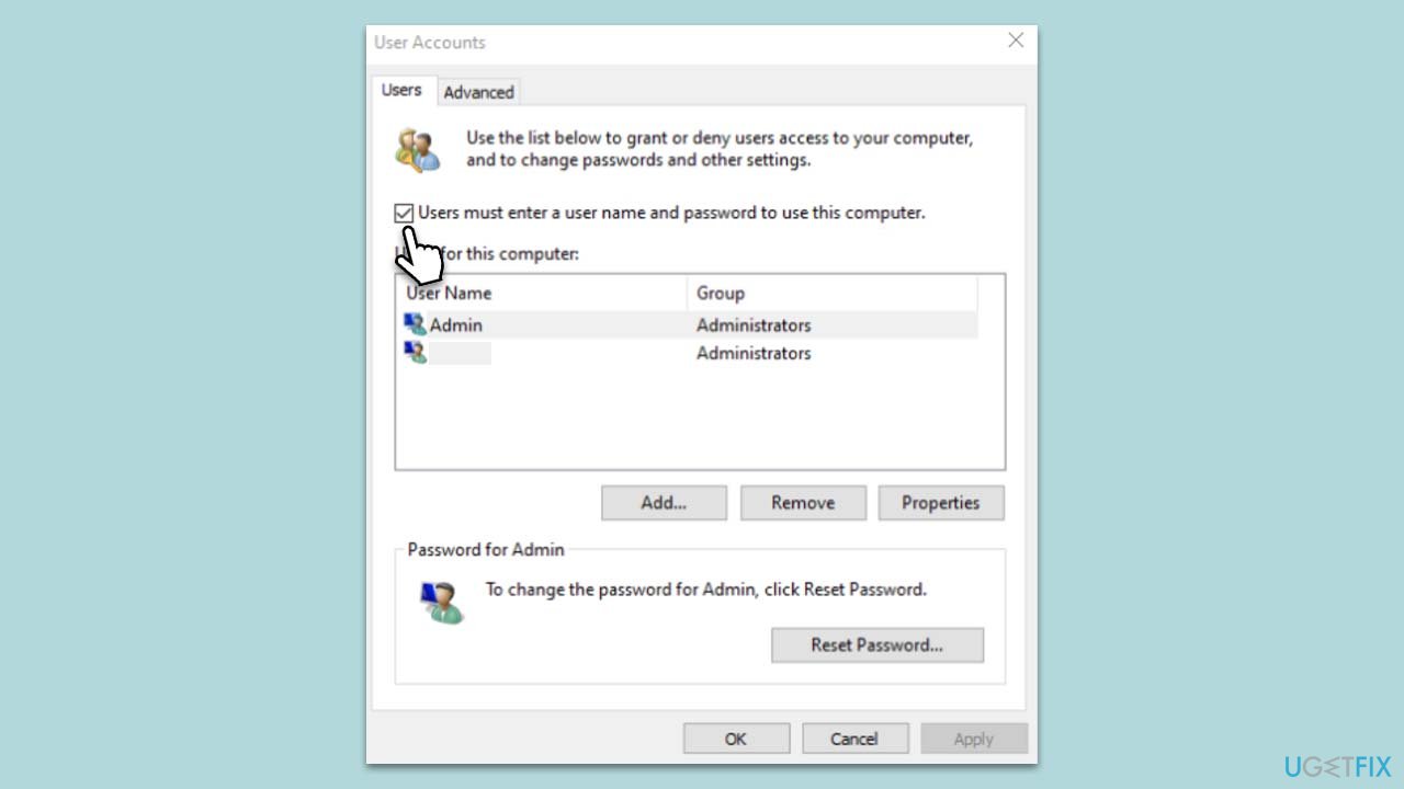 Disable the "Users must enter a user name and password to use this computer" option